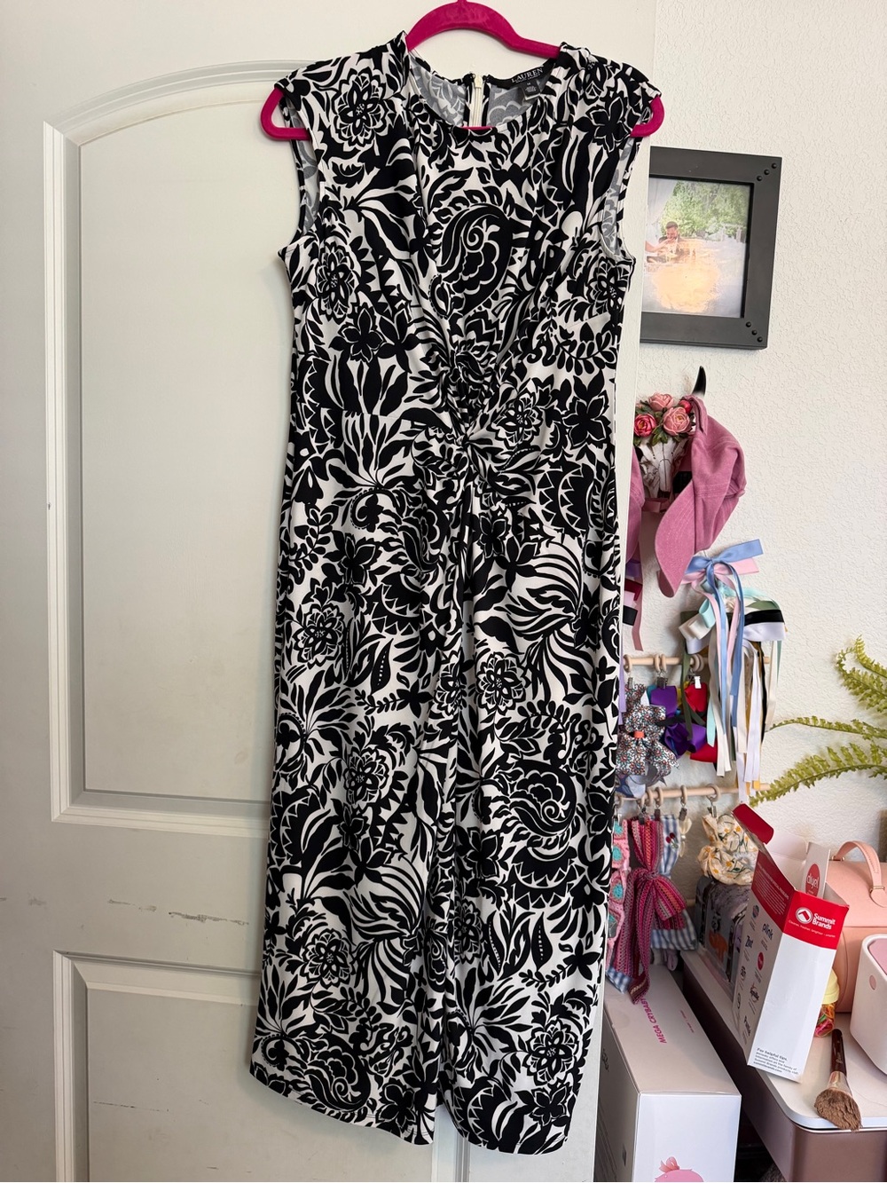 Ralph Lauren Black and White Floral Knot-Front Midi Dress
